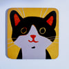 HAPPY CAT ON YELLOW-SINGLE COASTER-FREE POSTAGE