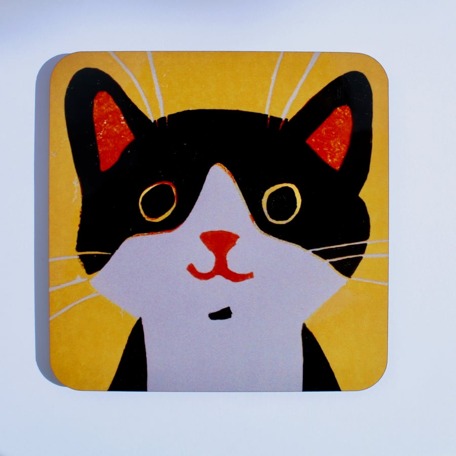 HAPPY CAT ON YELLOW-SINGLE COASTER