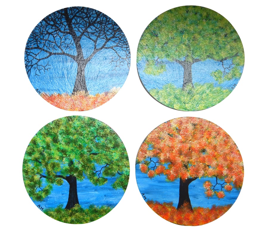 Hand Painted Natural Slate 'Four Seasons' Coasters, Set of 4.