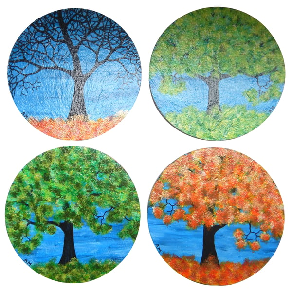 Hand Painted Natural Slate 'Four Seasons' Coasters, Set of 4.