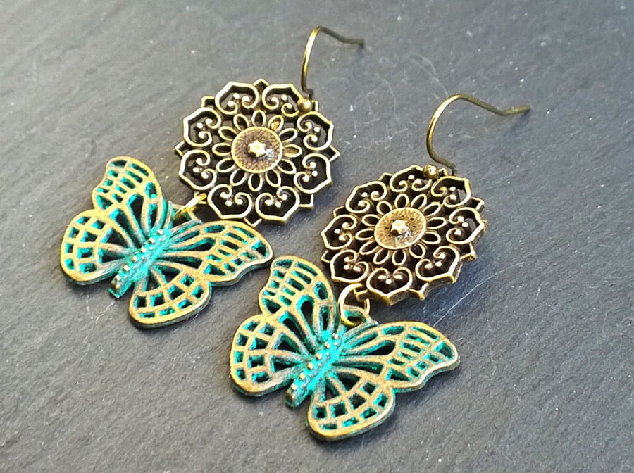 Butterfly Lotus Mandala Verdigris Earrings, Long Drop Dangle