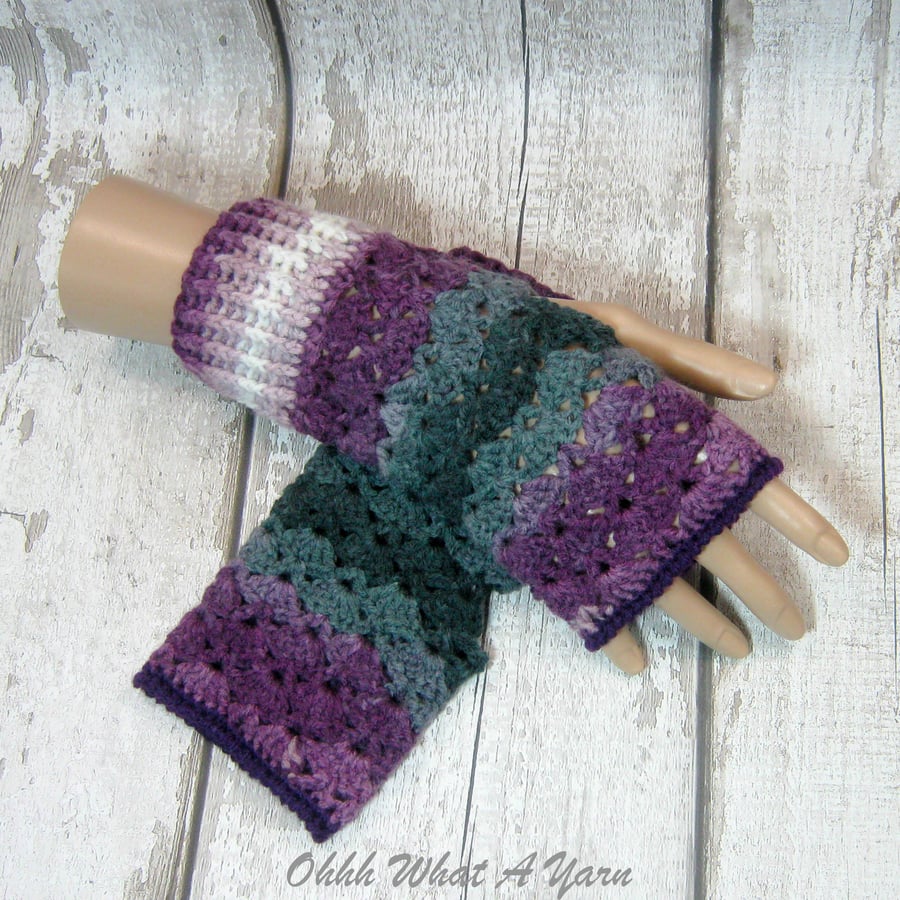 Purple lilac and grey ladies crochet gloves, finger less gloves,wrist warmers