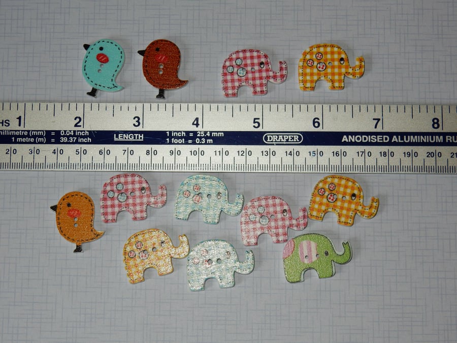 Wooden buttons elephants and birds