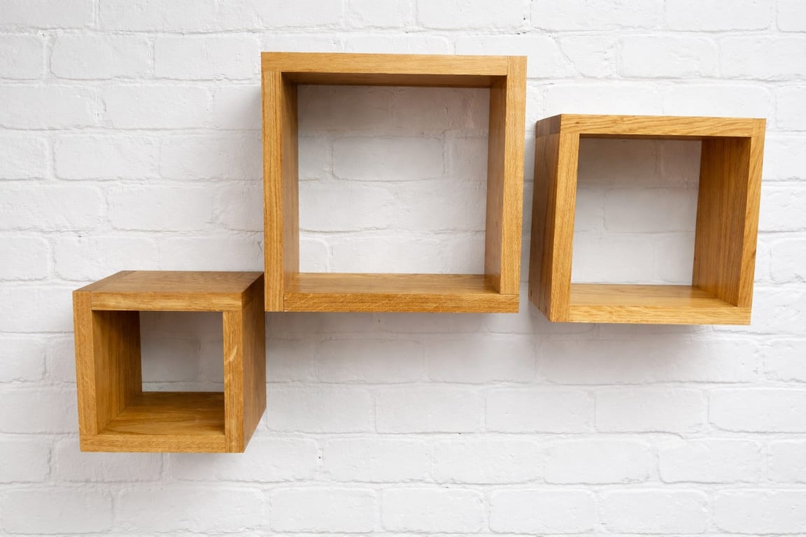 Solid Oak Cube Shelves Set - Handmade Wooden Wall Decor, Modern Storage set of 3