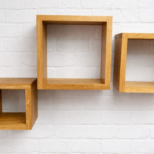 Solid Oak Cube Shelves Set - Handmade Wooden Wall Decor, Modern Storage set of 3