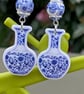 CERAMIC BEAD EARRINGS blue white resin vase shape silver plated - Image 2