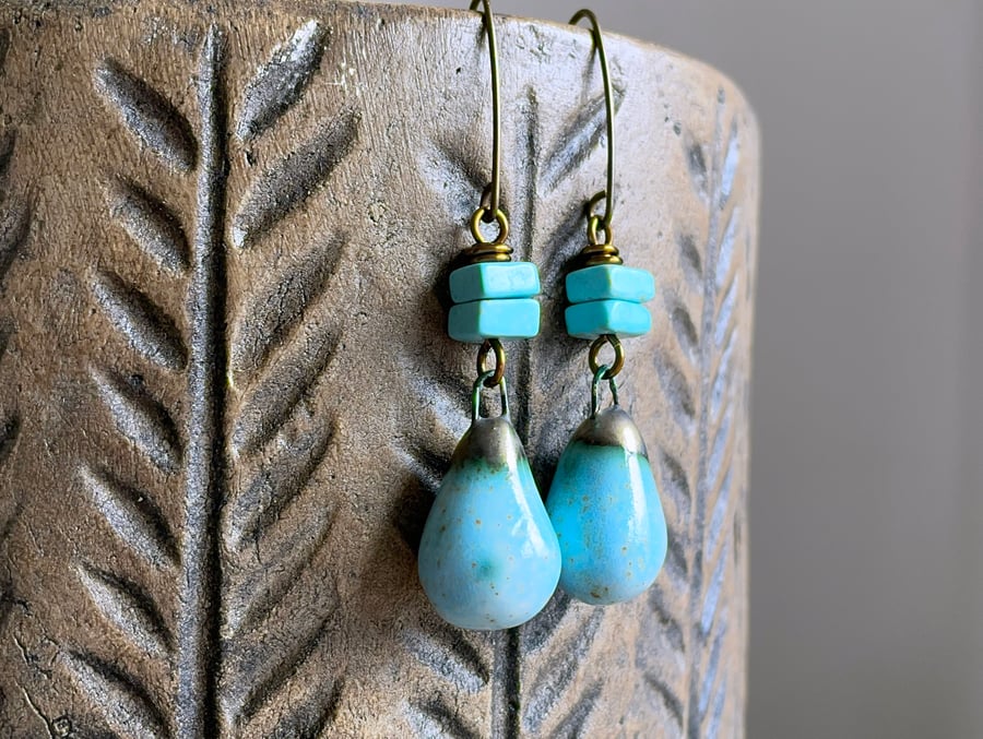 Turquoise Blue Artisan Ceramic Drop Earrings – Handcrafted Rustic Drops
