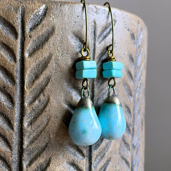 Turquoise Blue Artisan Ceramic Drop Earrings – Handcrafted Rustic Drops