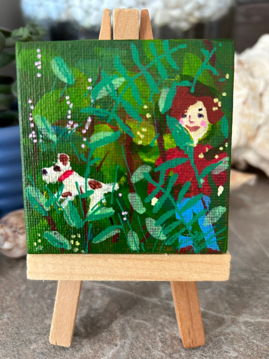 Taking the Dog for a Ramble  Version 1 - miniature Original Painting 