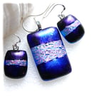 Dichroic Glass 123 Pendant Earring Set Blue Silver Plated Chain