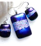 Dichroic Glass 123 Pendant Earring Set Blue Silver Plated Chain