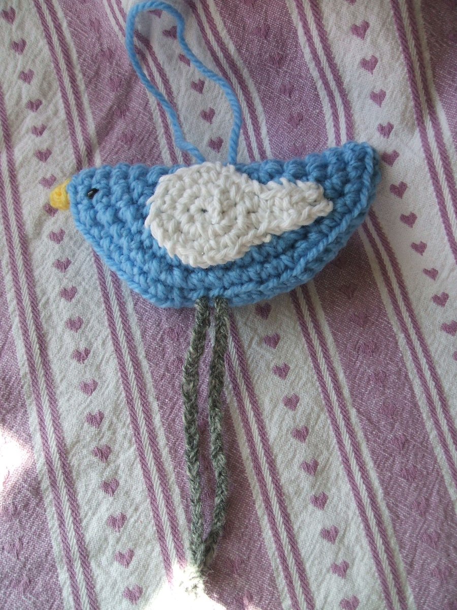 hand crocheted hanging bird - blue with white wings