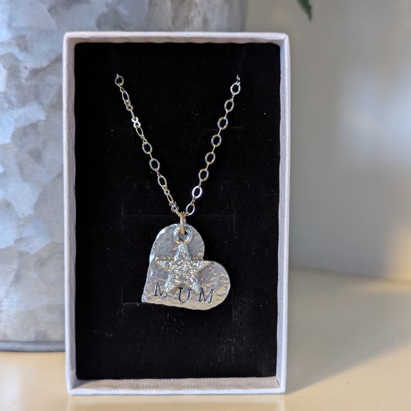 Hand Hammered Mum Heart and Star Necklace 