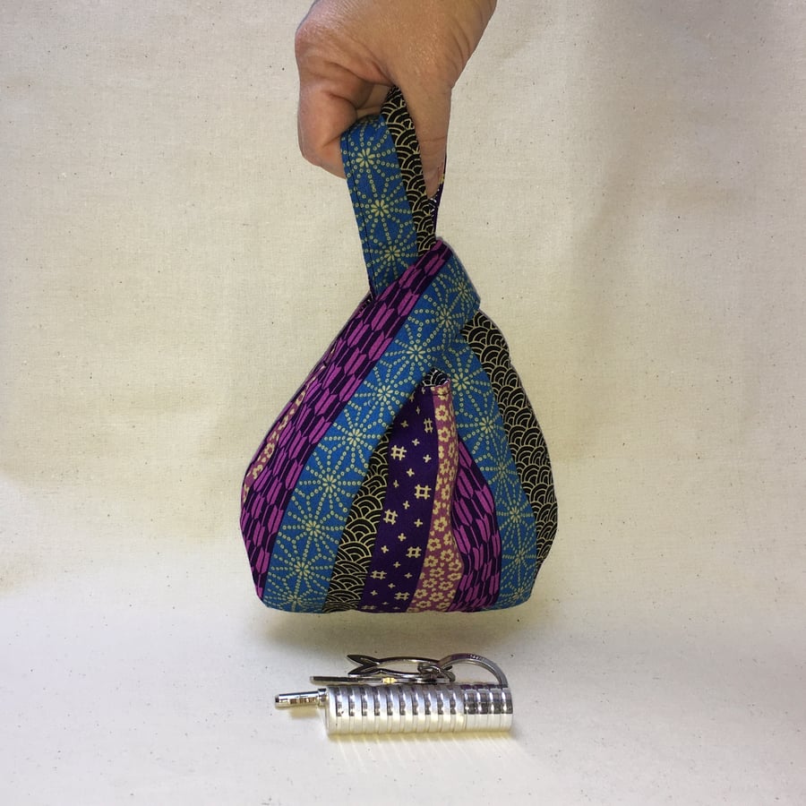 Extra Small Reversible Japanese Fabric Knot Bag with Blue and Purple Stripes