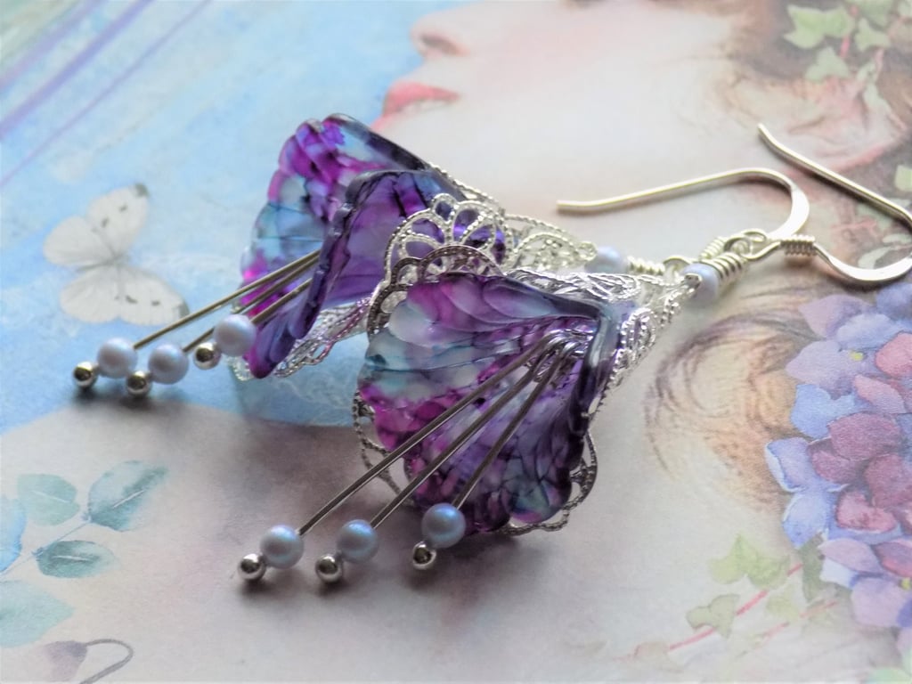 Blue Purple Plum Flower Earrings, Unique Hand Painted Lucite Flower Earrings