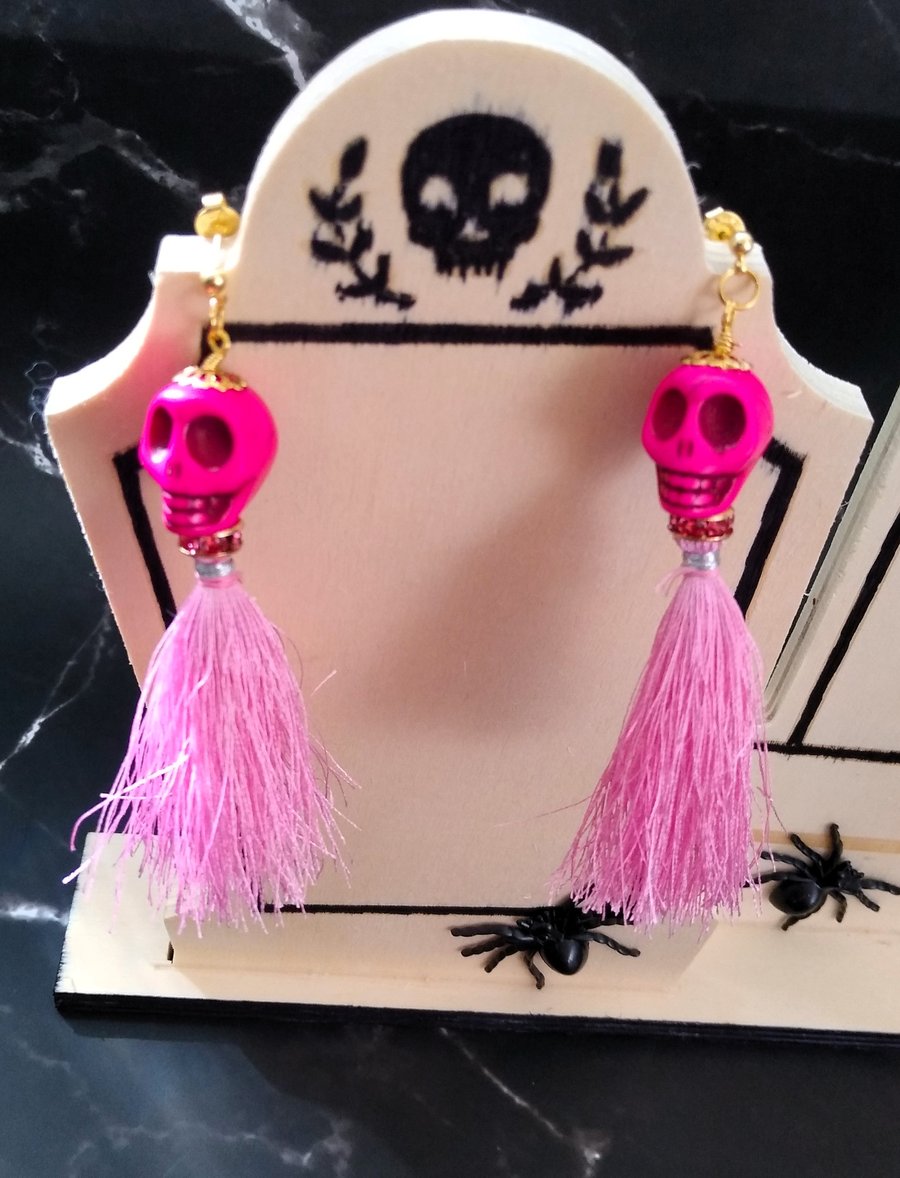 Bright Pink Howlite Skull Lady Long Tassel Earrings