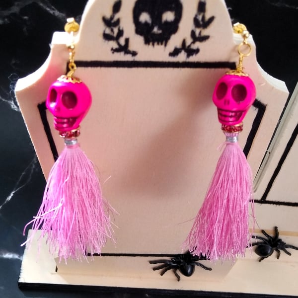 Bright Pink Howlite Skull Lady Long Tassel Earrings
