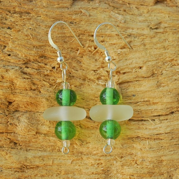 Beach glass earrings with green beads