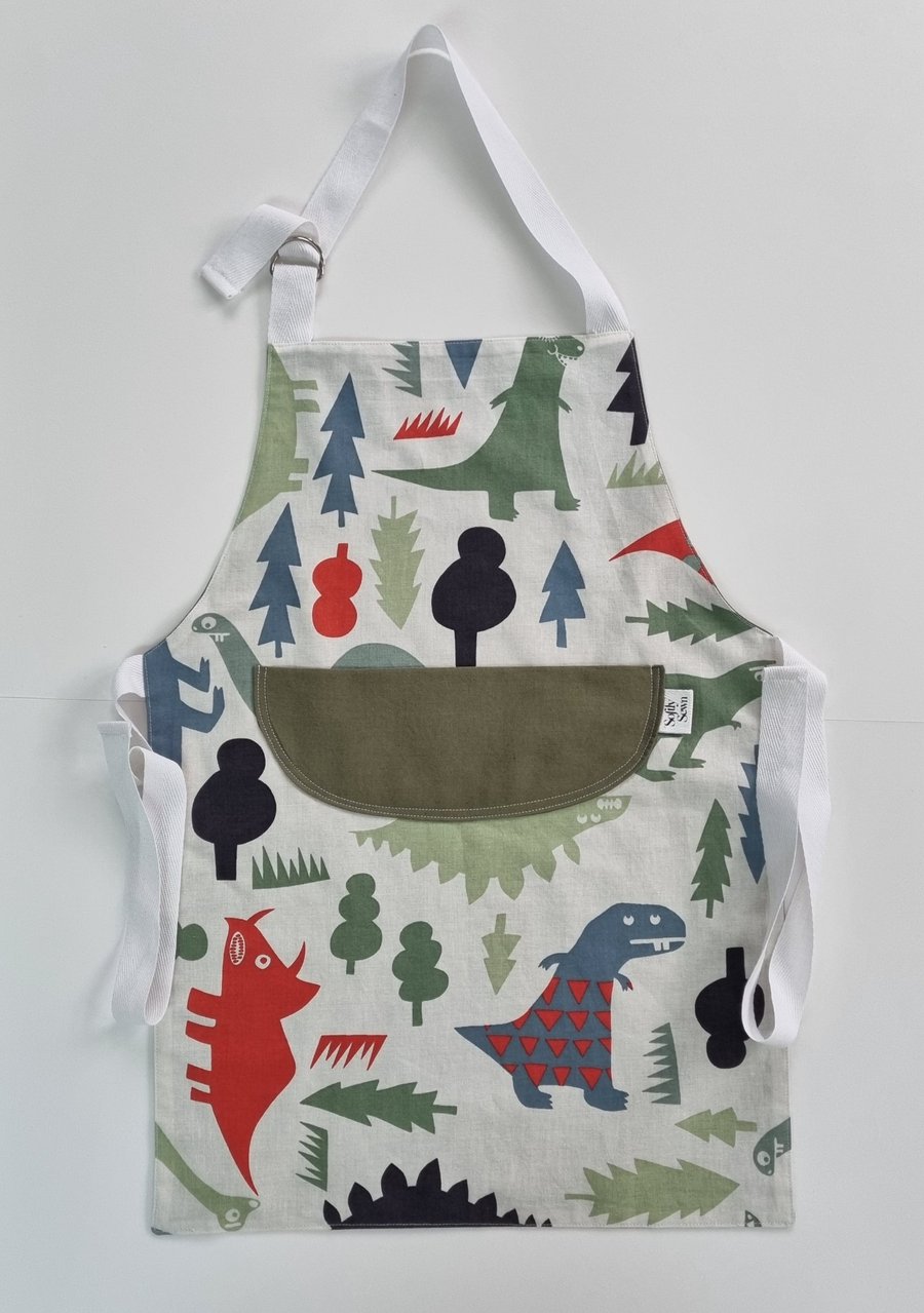 Handmade Child's Dinosaur Apron - adjustable neck and waist - upcycled fabric