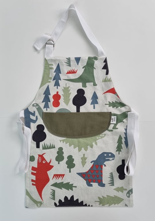 Handmade Child's Dinosaur Apron - adjustable neck and waist - upcycled fabric