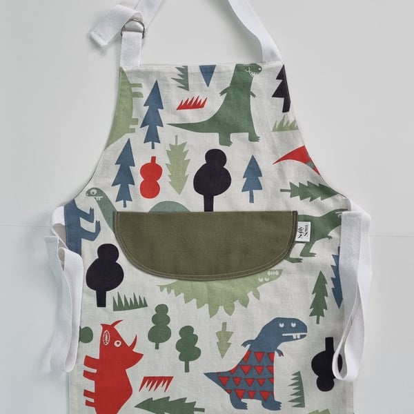 Handmade Child's Dinosaur Apron - adjustable neck and waist - upcycled fabric