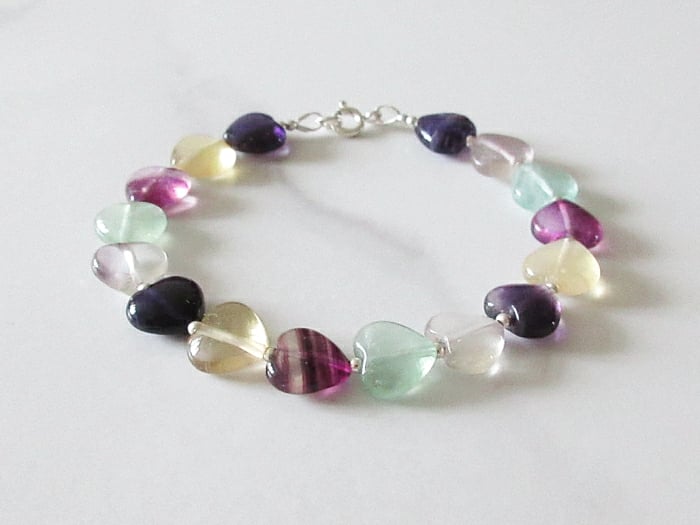 Rainbow Fluorite Hearts Bracelet With Sterling Silver Beads