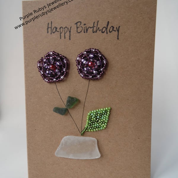 Sea Glass & Purple Beaded Flowers Happy Birthday Card C292