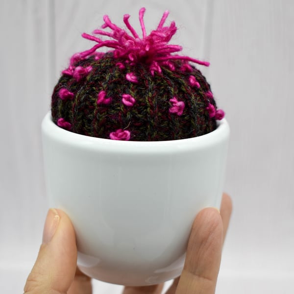 Hand Knitted Cactus with Pink Blooms in White Pot -  Pin cushion