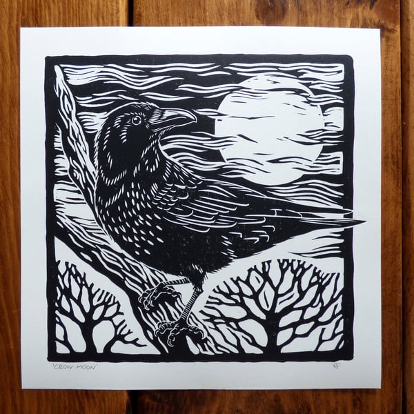 Crow Moon - lino print of a crow and winter full moon
