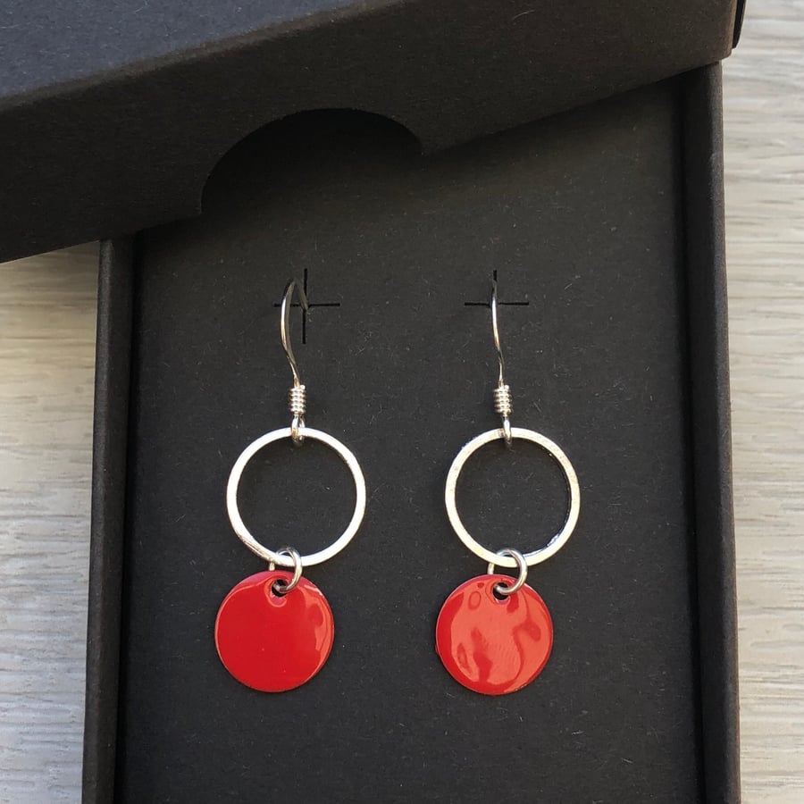 Red geometric enamel earrings sterling silver hooks