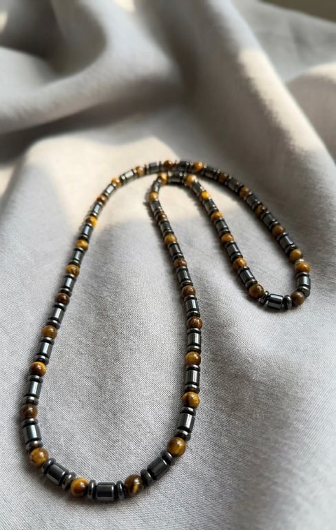 Handmade Tiger Eye & Hematite Necklace 27" – Natural Gemstone Necklace – Slip-On