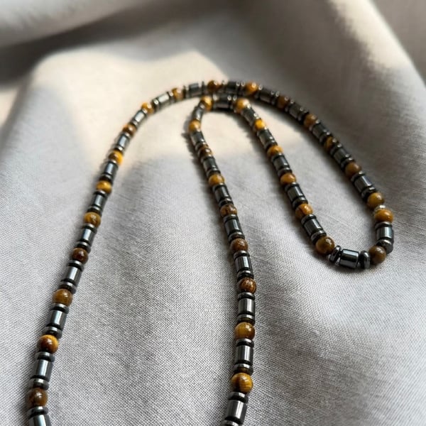 Handmade Tiger Eye & Hematite Necklace 27" – Natural Gemstone Necklace – Slip-On