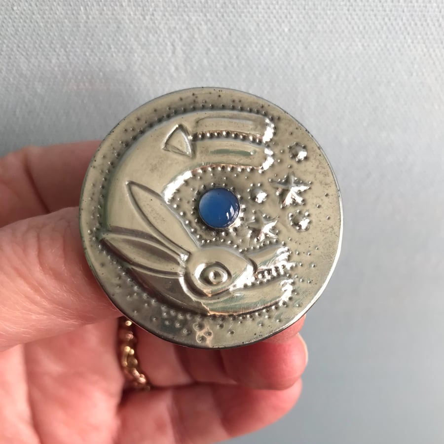 Leaping Hare Silver Pewter Brooch with Blue Onyx Cabochon