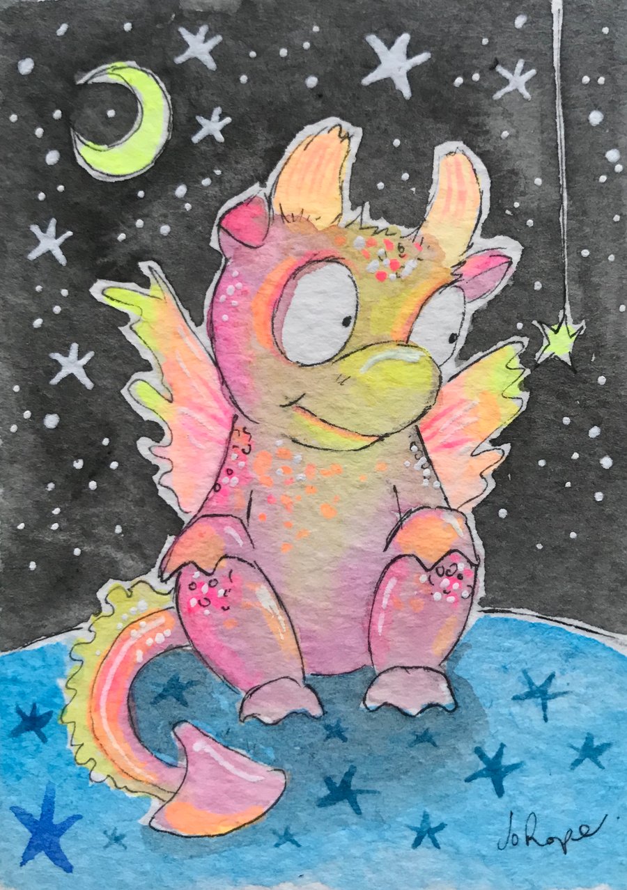 Original ACEO Dragon pink peach star ACEO Jo Roper