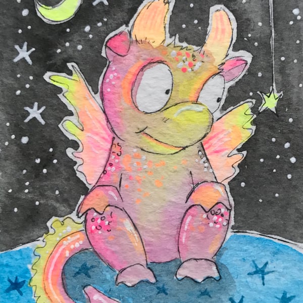Original ACEO Dragon pink peach star ACEO Jo Roper