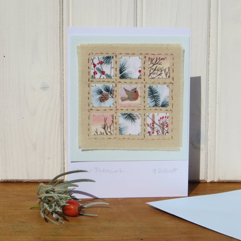 Winter Patchwork, sweet little hand-stitched card with applique robin