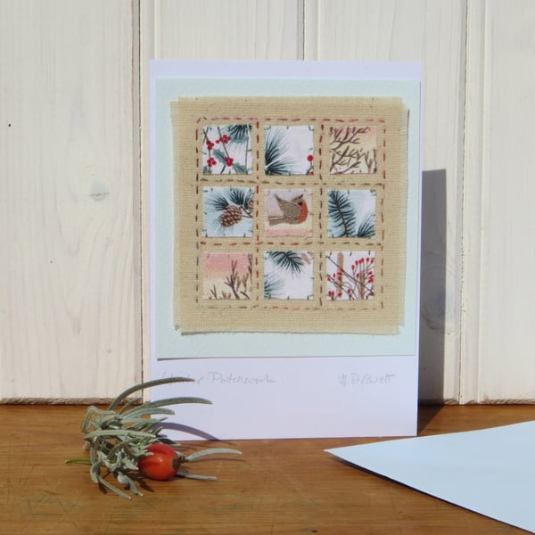 Winter Patchwork, sweet little hand-stitched card with applique robin
