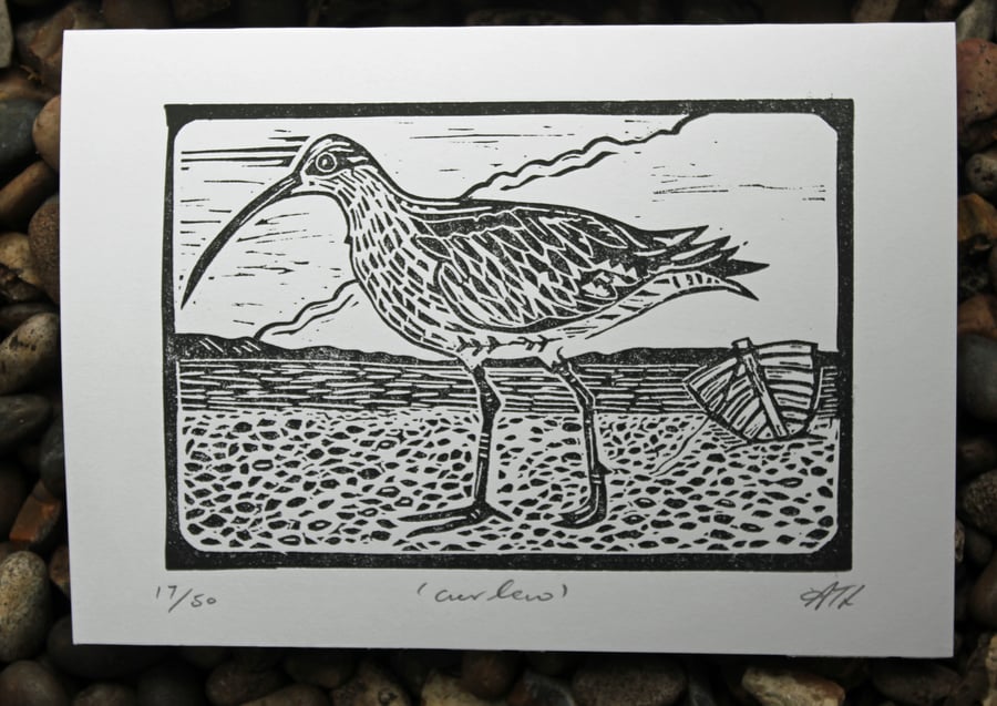 Curlew Lino Cut Hand Printed Card 