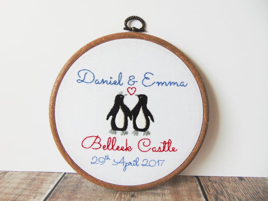 Penguin Cotton Anniversary Gift - Personalised Hand Embroidered Hoop