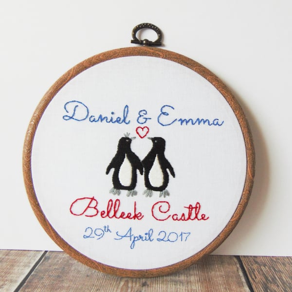 Penguin Cotton Anniversary Gift - Personalised Hand Embroidered Hoop