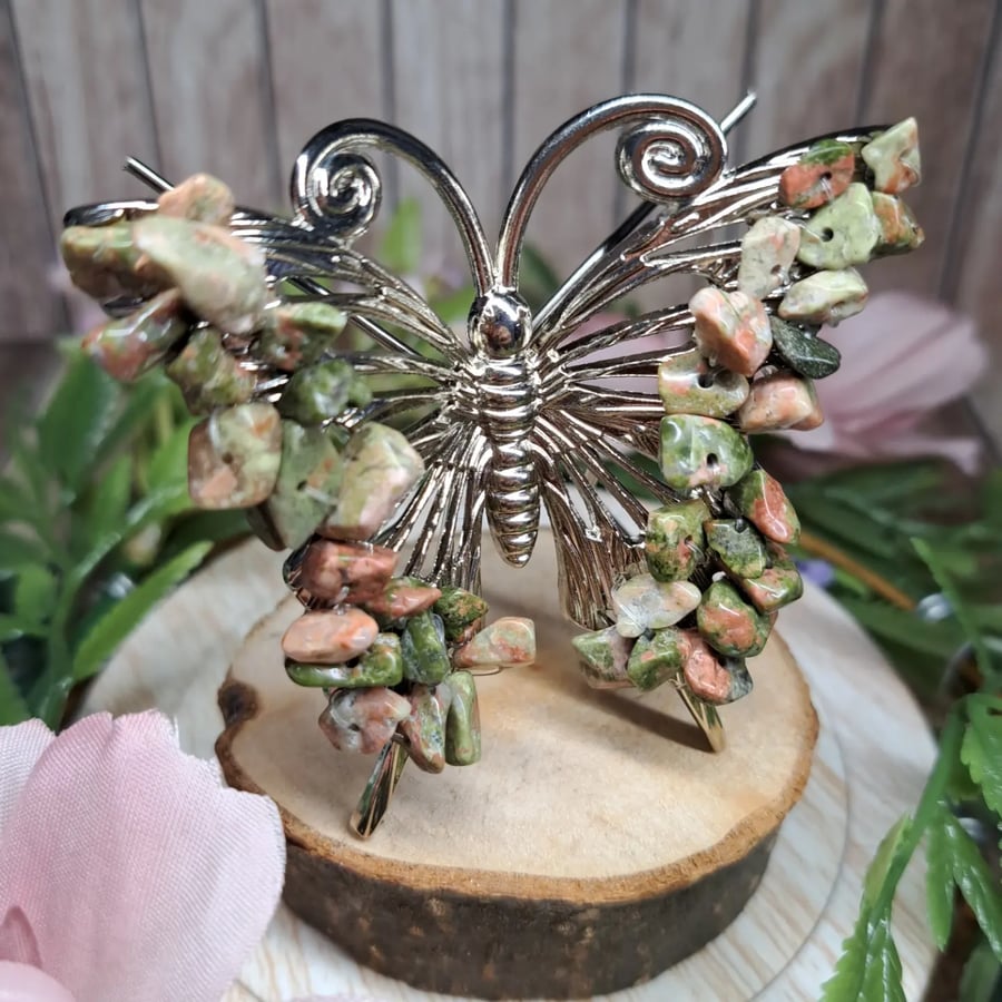 Beautiful Unakite Crystal Chip Handmade Butterfly Ornament Gift 