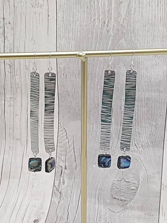 Flat Rectangle Aluminium Tin Dangle Earrings, Natural Square Abalone Shell Beads