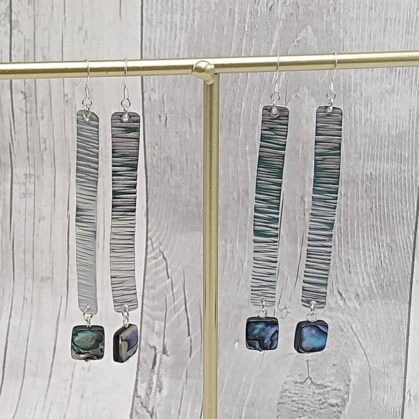 Flat Rectangle Aluminium Tin Dangle Earrings, Natural Square Abalone Shell Beads
