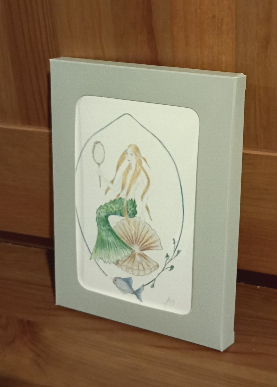 Mermaid with Mirror gift box of 5 handmade cards and original pencil artwork