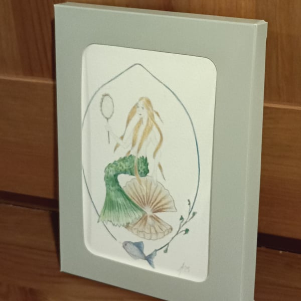 Mermaid with Mirror gift box of 5 handmade cards and original pencil artwork