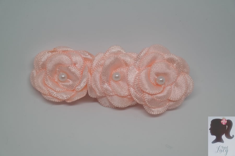 Peach satin flower hair clips bridesmaid 