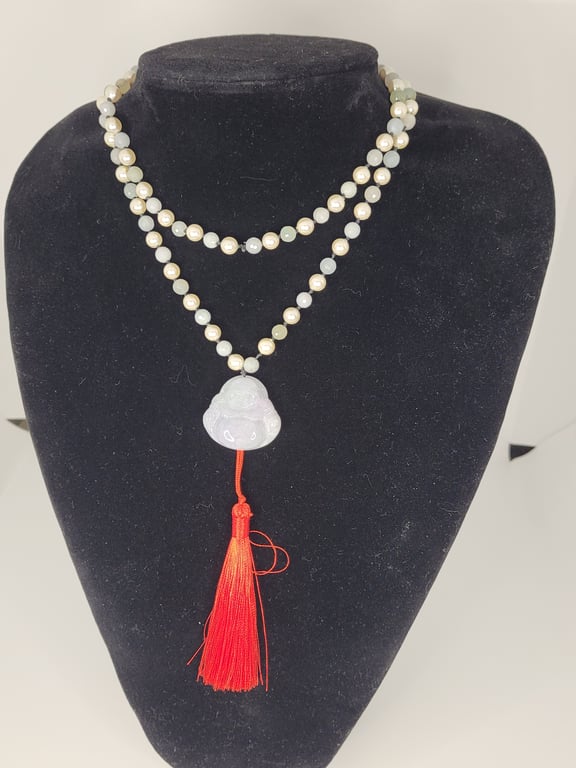 Genuine Type A Jade Buddha mala necklace with shell pearls