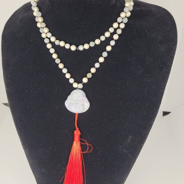 Genuine Type A Jade Buddha mala necklace with shell pearls