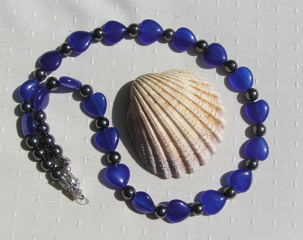 Blue Jade Heart & Black Hematite Gemstone Statement Beaded Chakra Necklace