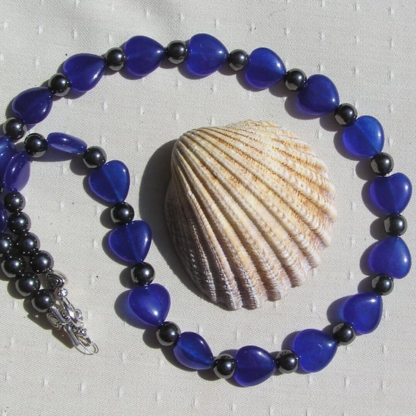 Blue Jade Heart & Black Hematite Gemstone Statement Beaded Chakra Necklace